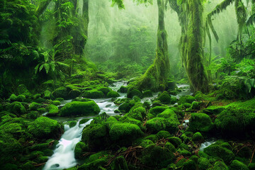 Wallpaper of rainforest landscape with a small river. Generative ai