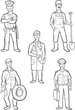 whiteboard drawing standing men of various occupations - PNG image with transparent background