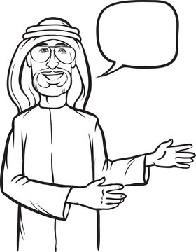 whiteboard drawing standing smiling arab man showing direction - PNG image with transparent background