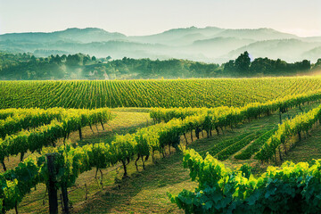 Fototapeta na wymiar Wallpaper of vineyard rows landscape. Generative ai