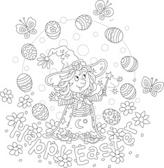 Fototapeta na wymiar Happy Easter card with a little fairy girl waving her magic wand and showing a funny trick with decorated gift eggs among spring flowers and merry butterflies, vector cartoon