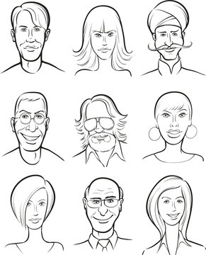 whiteboard drawing various men and women faces collection - PNG image with transparent background