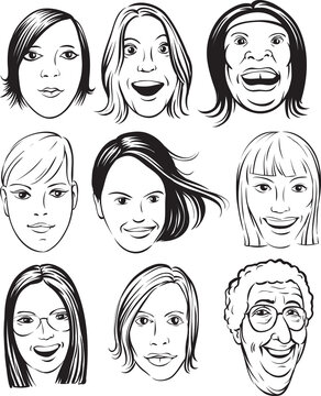 whiteboard drawing various women faces collection - PNG image with transparent background