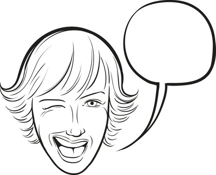 whiteboard drawing winking young woman with speech bubble - PNG image with transparent background