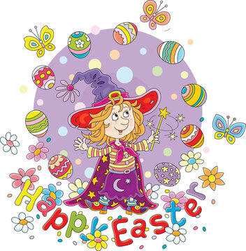 Happy Easter card with a little fairy girl waving her magic wand and showing a funny trick with decorated gift eggs among colorful flowers and merry butterflies, vector cartoon