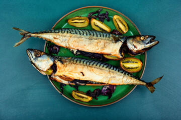Homemade smoked mackerel fish, seafood