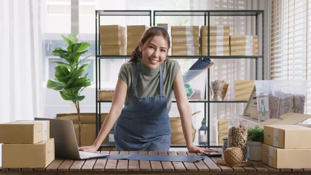 Go green vendor use eco packaging parcel carton box in net zero waste store asian seller retail home office shop. Small SME owner young adult woman asia Gen Z people happy smile pride look at camera.