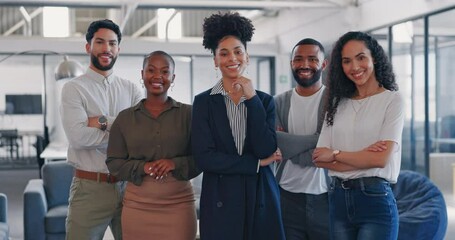 People, mindset and teamwork with business friends standing arms crossed together in the office at work. Portrait, collaboration or mission with a man and woman employee team feeling confident - Powered by Adobe