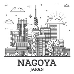 Outline Nagoya Japan City Skyline with Modern Buildings Isolated on White. Nagoya Cityscape with Landmarks.