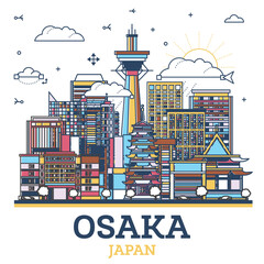 Fototapeta premium Outline Osaka Japan City Skyline with Modern Colored Buildings Isolated on White. Osaka Cityscape with Landmarks.