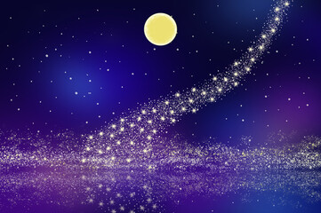 Obraz na płótnie Canvas 満月と天の川が湖面に反射する星空の背景イラスト