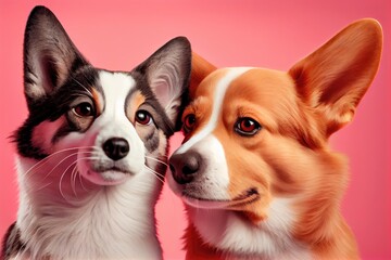 Close up cute couple dog on pink background. Ai generated
