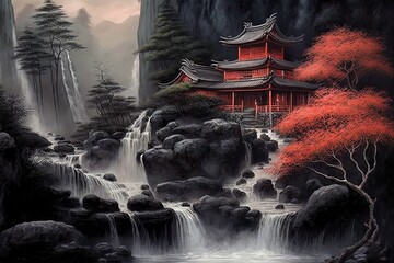 Oriental Waterfall Painting with traditional building 