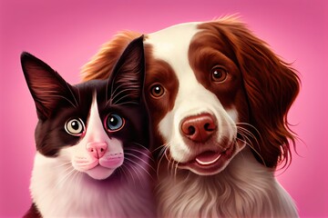 Close up cute couple dog and cat on pink background. Ai generated