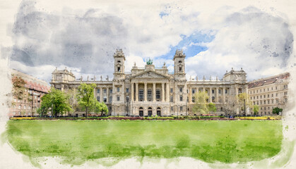 Obraz premium Hungarian Museum of Ethnography in Budapest, Hungary in watercolor illustration style. 