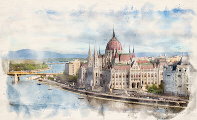 Fototapeta premium Hungarian Parliament building in Budapest, Hungary in watercolor illustration style. 