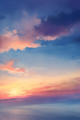 Fototapeta na wymiar 茜色の空と雲　背景素材　イラスト　水彩