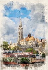 Matthias Church in front of the Fisherman's Bastion in Budapest, Hungary in watercolor illustration style. 