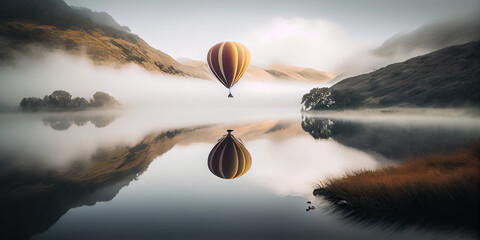 Fototapeta na wymiar Rise and Shine: A Majestic Aerial View of Balloons Soaring in the Morning Mist Above Lake Hayes. A Beautiful and Serene Landscape Awaiting Discovery. Copy space. Generative AI