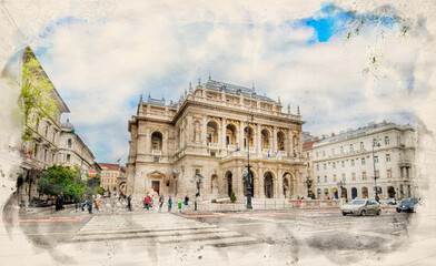 Fototapeta na wymiar The Hungarian Royal State Opera House in Budapest, Hungary in watercolor illustration style. 