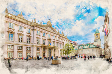 Fototapeta premium Primate Palace at Primacialne namestie (Primate square) in Bratislava, Slovakia in watercolor illustration style. 