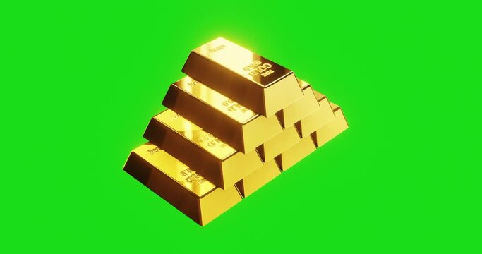 Pyramid of gold bars animation rotating over green screen