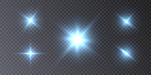 Glow of blue light stars on a transparent background. Collection of blurred spotlight light vectors. Flash, sun, flicker. Vector 