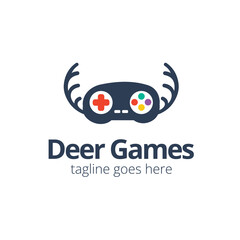 Deer Games Logo Design Template with deer icon and joystick. Perfect for business, company, mobile, app, zoo, etc.