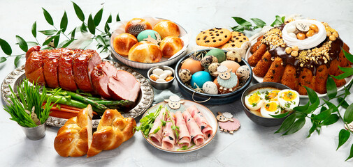 Fototapeta na wymiar Traditional Easter celebration dinner, Easter holiday party.