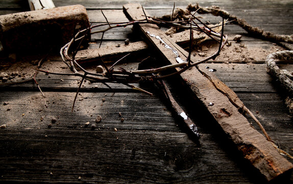 Crucifixion At Sunset - Cross With Crown Of Thorns Hammer And Bloody Nails