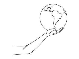 Continuous one line drawing of hands holding Earth globe.