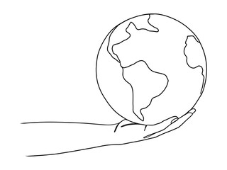 Continuous one line drawing of hands holding Earth globe.