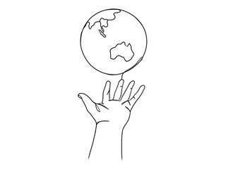Continuous one line drawing of hands holding Earth globe.