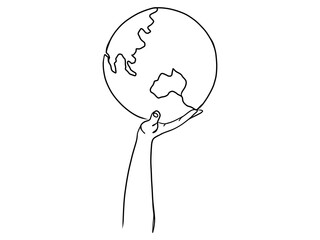 Continuous one line drawing of hands holding Earth globe.
