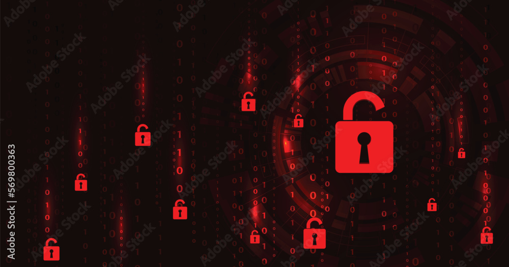 Poster Cyber security destroyed. Padlock red opens on code connection dark red background.Cyber attack and Information leak concept.Vector illustration.