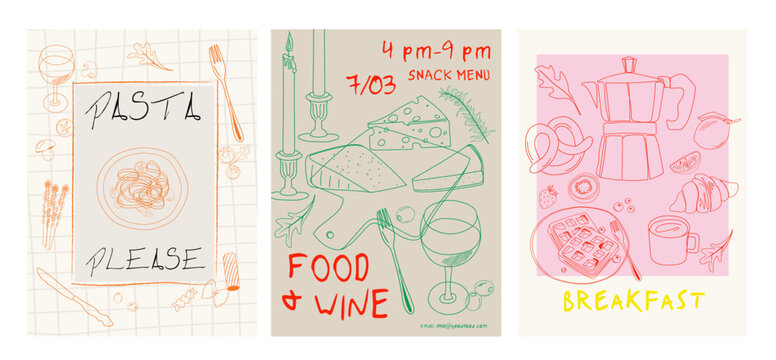 Collection of food and drink posters template. Interior posters. Cooking posters. Invitation poster for restaurant. Editable vector illustration.