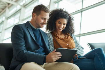 Tablet, airport and travel agency people with flight update, website guide and digital schedule...