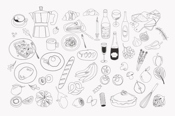 Collection of line art food and drink elements. Editable vector illustration.