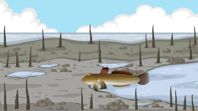 2D animation of mudskipper moving on wetland