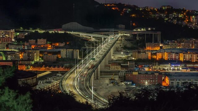 Top view at night of the new San Giorgio bridge in Genoa, Italy. Time lapse.