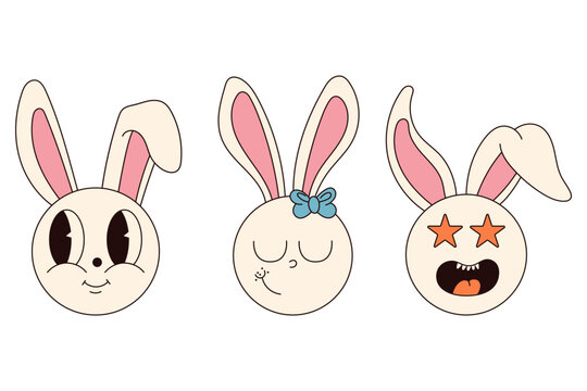 Groovy hippie Happy Easter characters. Set of Easter bunnies in trendy retro 60s 70s cartoon style.
