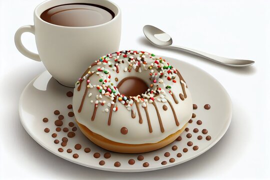 A Cup Coffee With Chocolate Donut Closeup On White Background. Ai Generated