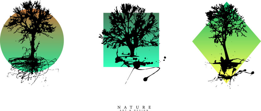Nature and Art logo design. Silhouette of a tree that grows from the splash of paint. Black symbol with colorful frame.