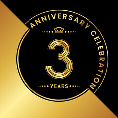 Fototapeta premium 3rd Anniversary. logo design with golden numbers and text for birthday celebration event, invitation, wedding, greeting card, banner, poster, flyer, brochure. Logo Vector Template