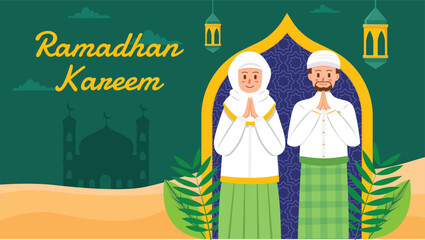 Muslim Man Woman Greeting Ramadan and Eid Al Fitr