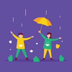 People On Rainy Day Flat Design Character Illustration