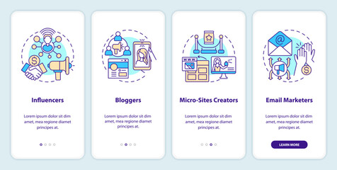 Affiliate marketers types onboarding mobile app screen. Internet sales walkthrough 4 steps editable graphic instructions with linear concepts. UI, UX, GUI template. Myriad Pro-Bold, Regular fonts used