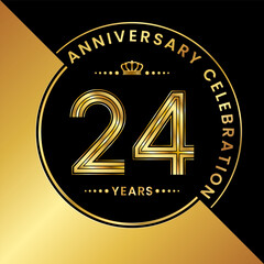 24th Anniversary. logo design with golden numbers and text for birthday celebration event, invitation, wedding, greeting card, banner, poster, flyer, brochure. Logo Vector Template