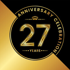 27th Anniversary. logo design with golden numbers and text for birthday celebration event, invitation, wedding, greeting card, banner, poster, flyer, brochure. Logo Vector Template
