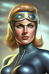 retro sci-fi painting of blonde woman in space suit created with generative ai